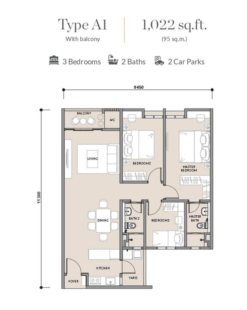 Type A 1022 square feet floor plan
