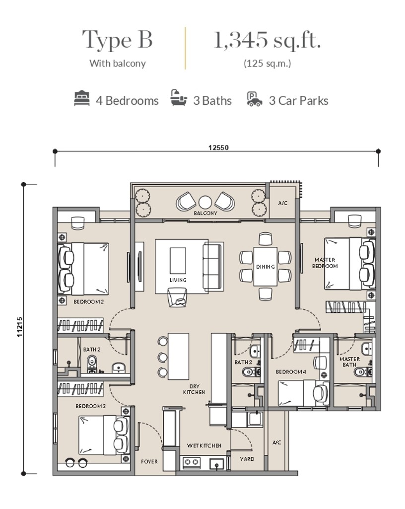 Type B 1345 square feet floor plan